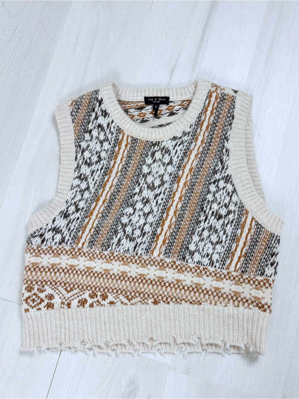 rag & bone fair isle Beige Textured wool fall Knit Sleeveless Crop Top vest - Picture 2 of 5